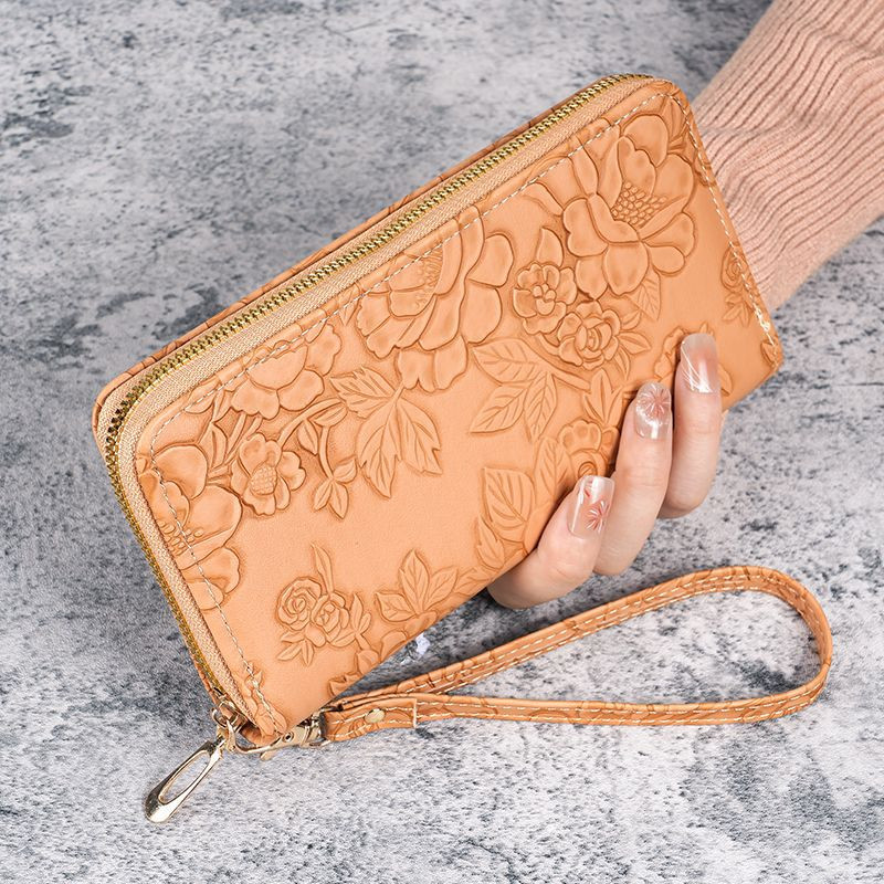 Tan Floral Embossed Wristlet Wallet